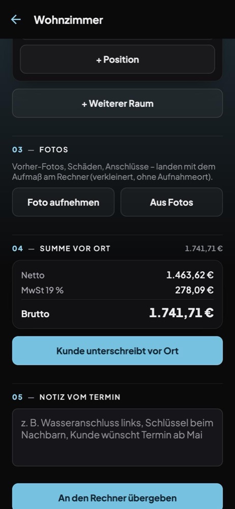 Summe vor Ort und Unterschrift des Kunden